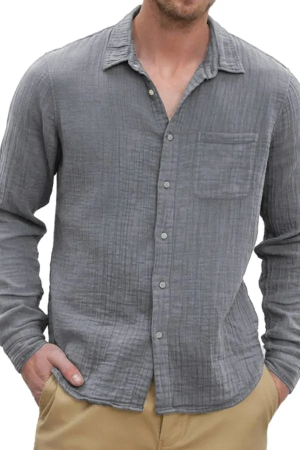 Men's Casual Cotton and Linen Textured Long Sleeve Everyday Shirt with Chest Pocket