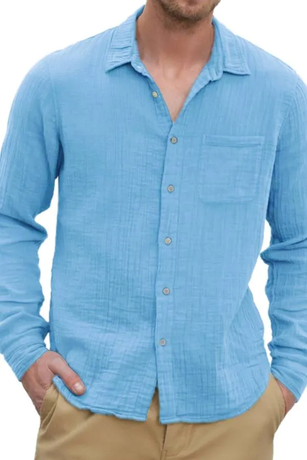 Men's Casual Cotton and Linen Textured Long Sleeve Everyday Shirt with Chest Pocket