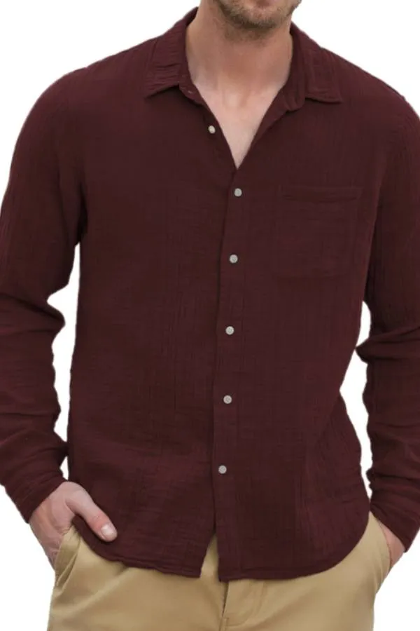 Men's Casual Cotton and Linen Textured Long Sleeve Everyday Shirt with Chest Pocket