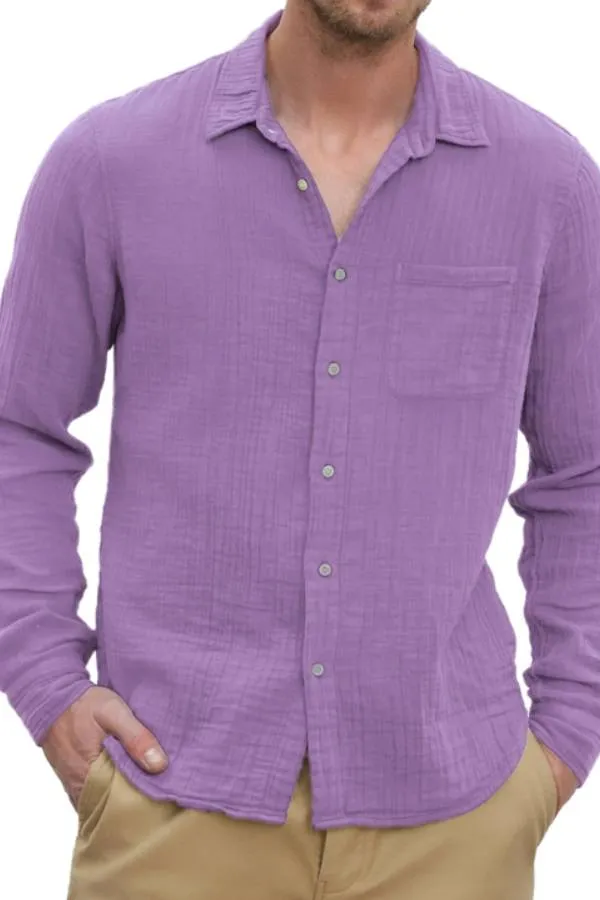 Men's Casual Cotton and Linen Textured Long Sleeve Everyday Shirt with Chest Pocket