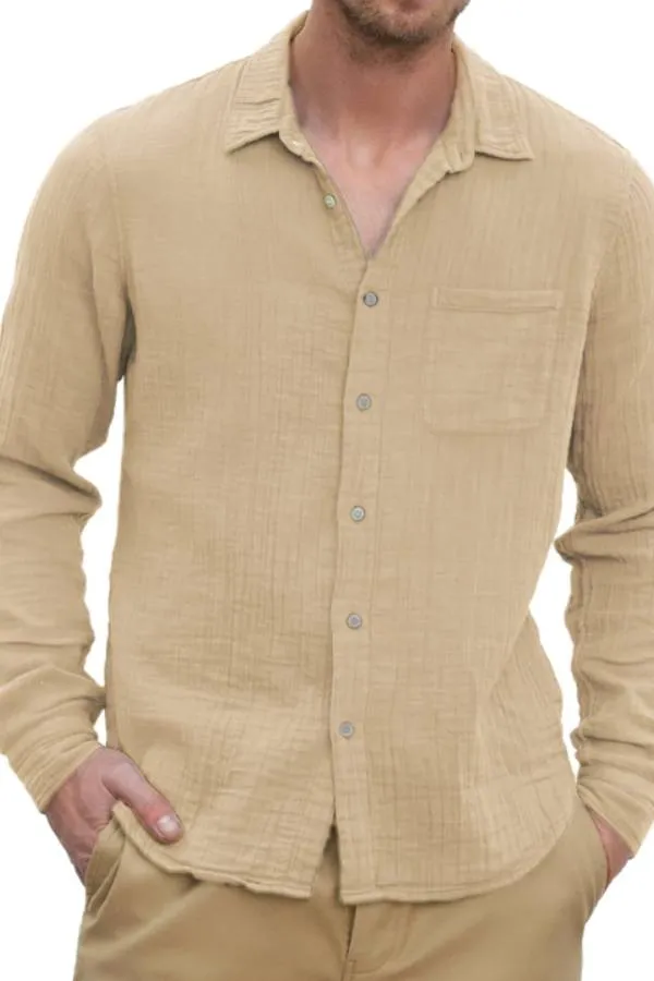 Men's Casual Cotton and Linen Textured Long Sleeve Everyday Shirt with Chest Pocket