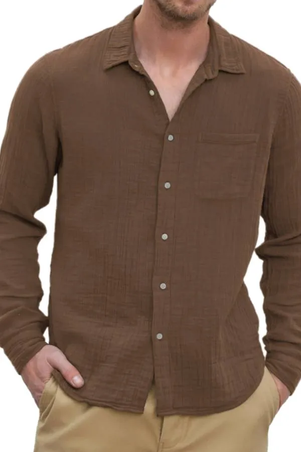 Men's Casual Cotton and Linen Textured Long Sleeve Everyday Shirt with Chest Pocket