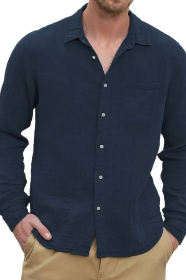 Men's Casual Cotton and Linen Textured Long Sleeve Everyday Shirt with Chest Pocket