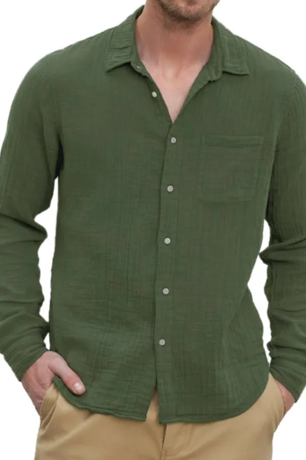 Men's Casual Cotton and Linen Textured Long Sleeve Everyday Shirt with Chest Pocket