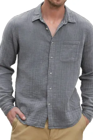 Men's Casual Cotton and Linen Textured Long Sleeve Everyday Shirt with Chest Pocket