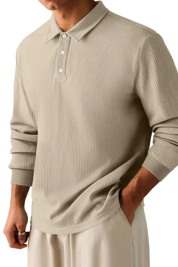 Men's Casual Pit Lapel Button Long Sleeve POLO Shirt