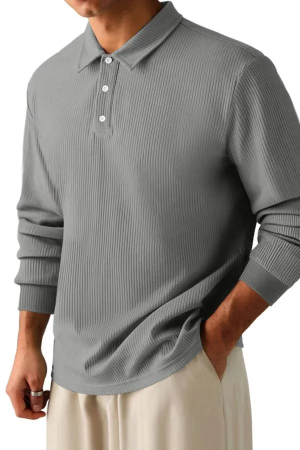 Men's Casual Pit Lapel Button Long Sleeve POLO Shirt