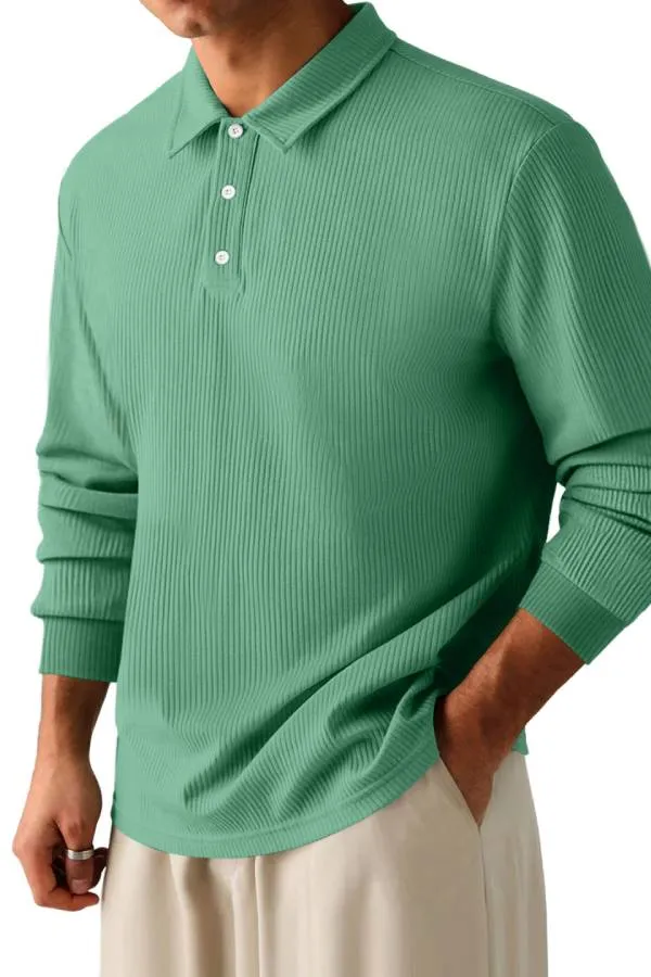 Men's Casual Pit Lapel Button Long Sleeve POLO Shirt