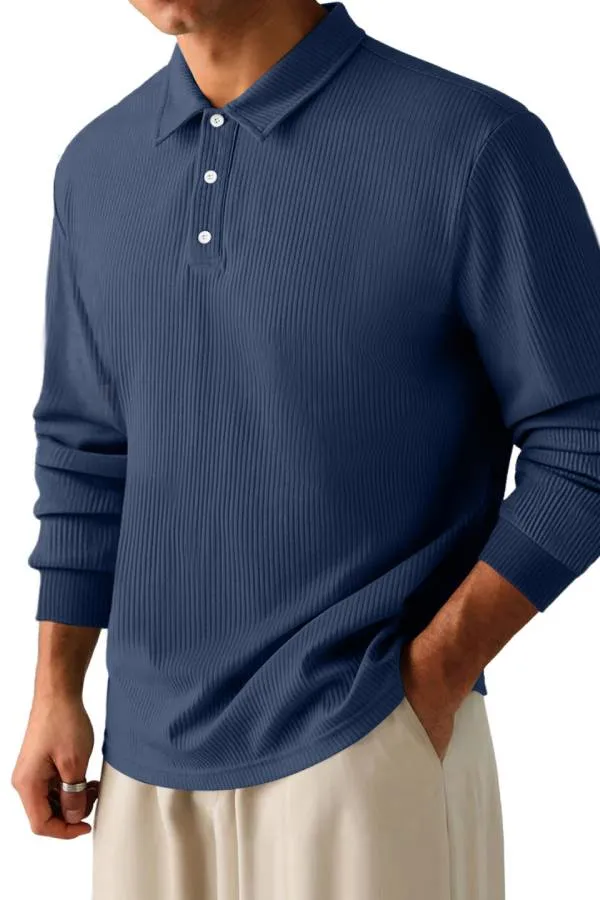 Men's Casual Pit Lapel Button Long Sleeve POLO Shirt