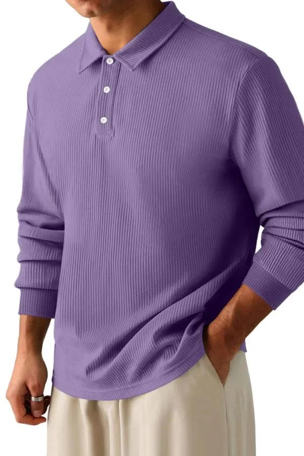 Men's Casual Pit Lapel Button Long Sleeve POLO Shirt