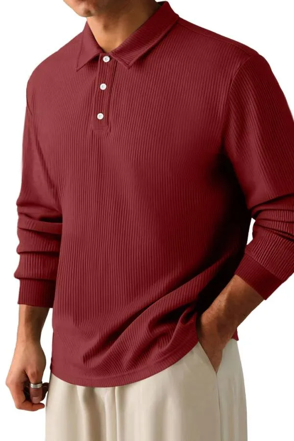 Men's Casual Pit Lapel Button Long Sleeve POLO Shirt