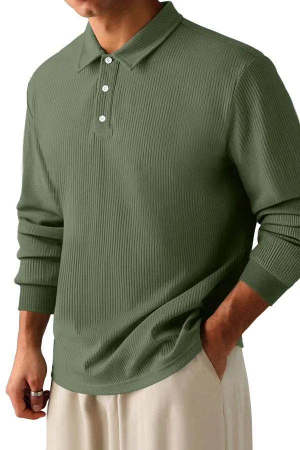Men's Casual Pit Lapel Button Long Sleeve POLO Shirt