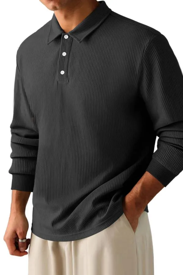Men's Casual Pit Lapel Button Long Sleeve POLO Shirt