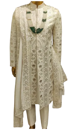 Mens Ivory Metallic Leather Lotus Cut Out Sherwani