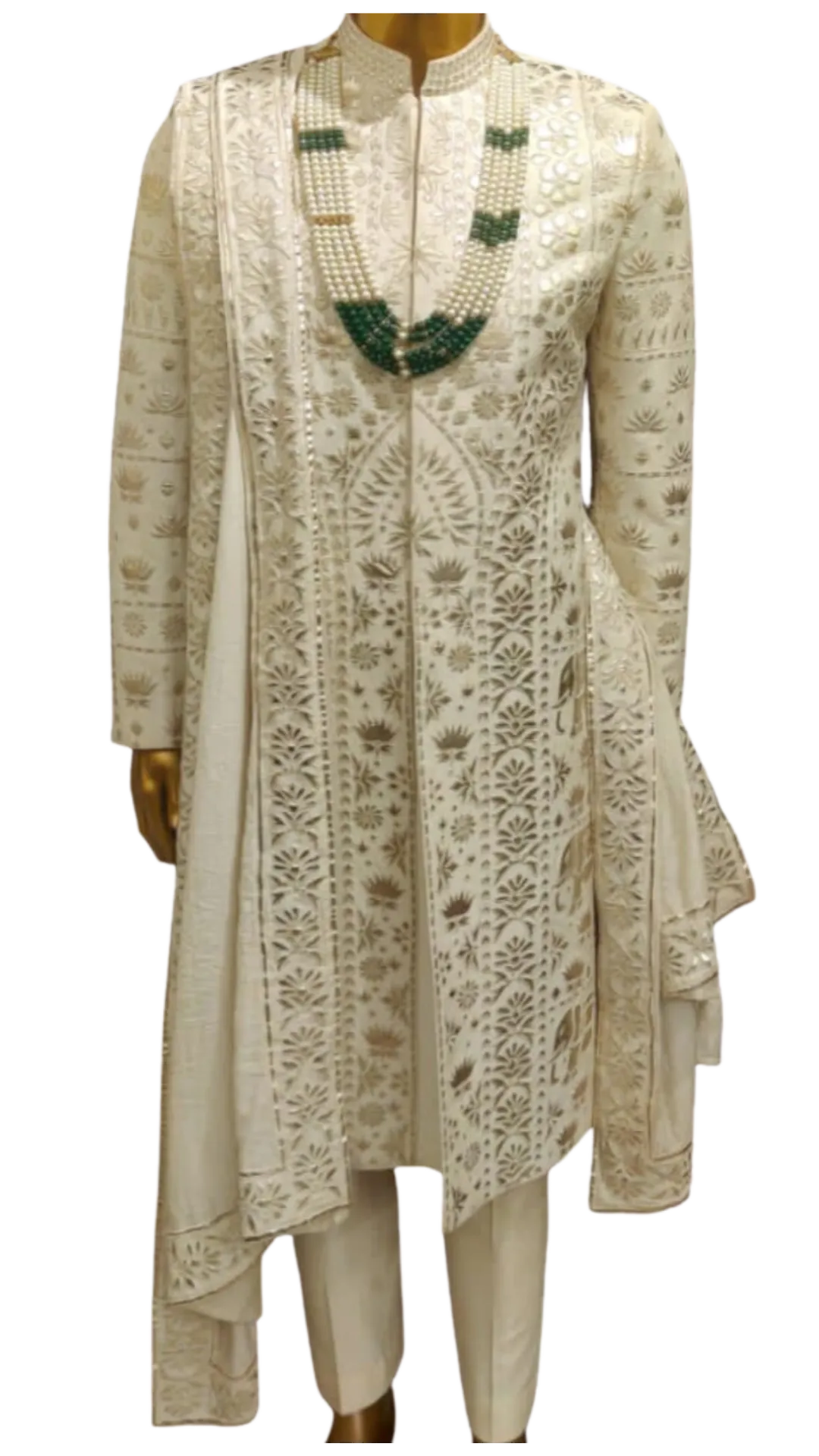 Mens Ivory Metallic Leather Lotus Cut Out Sherwani