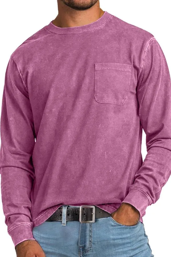 Men's Retro Casual Round Neck Pocket Solid Color Long Sleeve T-Shirt