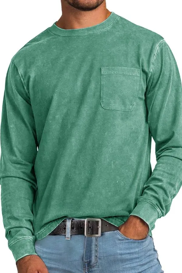Men's Retro Casual Round Neck Pocket Solid Color Long Sleeve T-Shirt