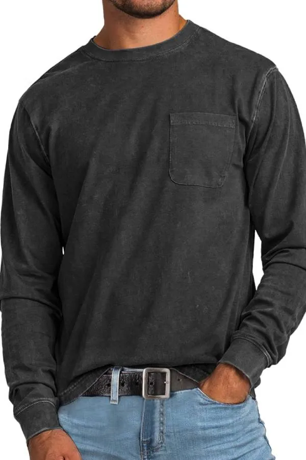 Men's Retro Casual Round Neck Pocket Solid Color Long Sleeve T-Shirt