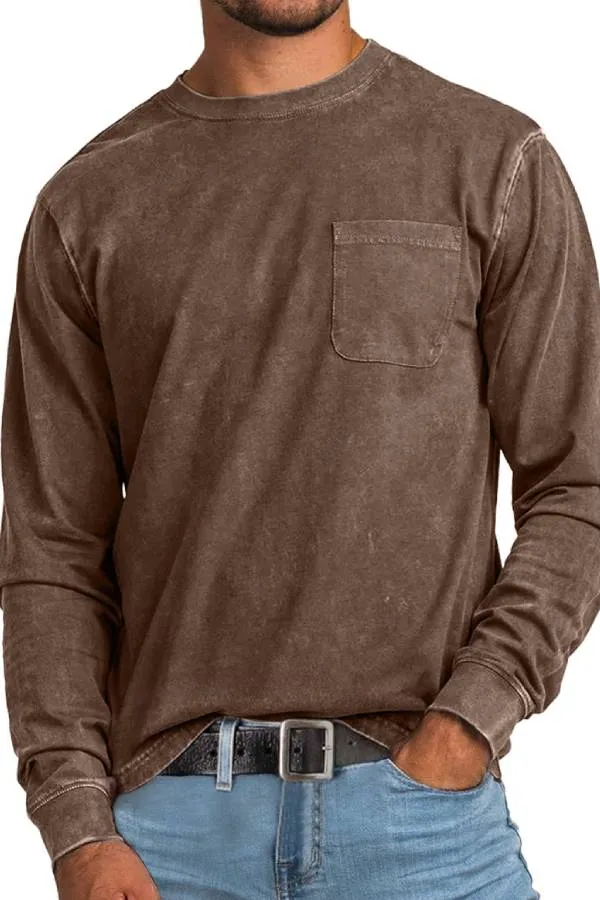 Men's Retro Casual Round Neck Pocket Solid Color Long Sleeve T-Shirt