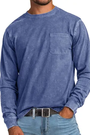 Men's Retro Casual Round Neck Pocket Solid Color Long Sleeve T-Shirt