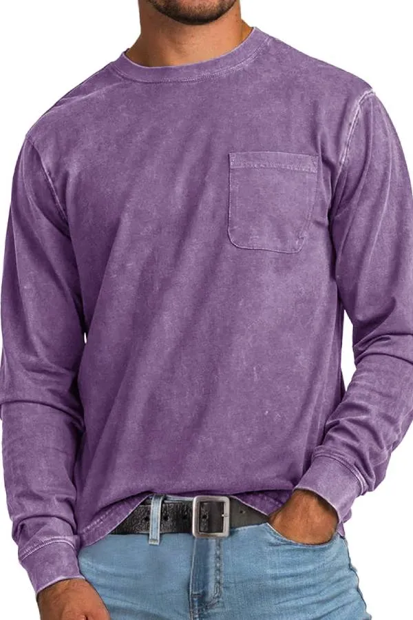 Men's Retro Casual Round Neck Pocket Solid Color Long Sleeve T-Shirt