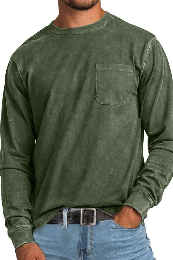 Men's Retro Casual Round Neck Pocket Solid Color Long Sleeve T-Shirt