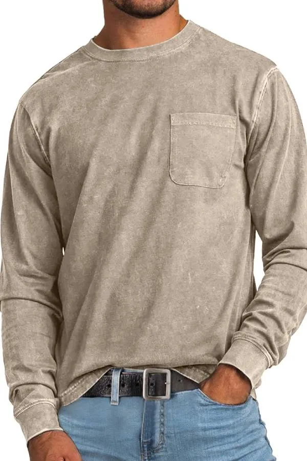 Men's Retro Casual Round Neck Pocket Solid Color Long Sleeve T-Shirt