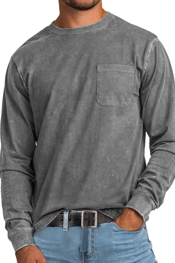 Men's Retro Casual Round Neck Pocket Solid Color Long Sleeve T-Shirt