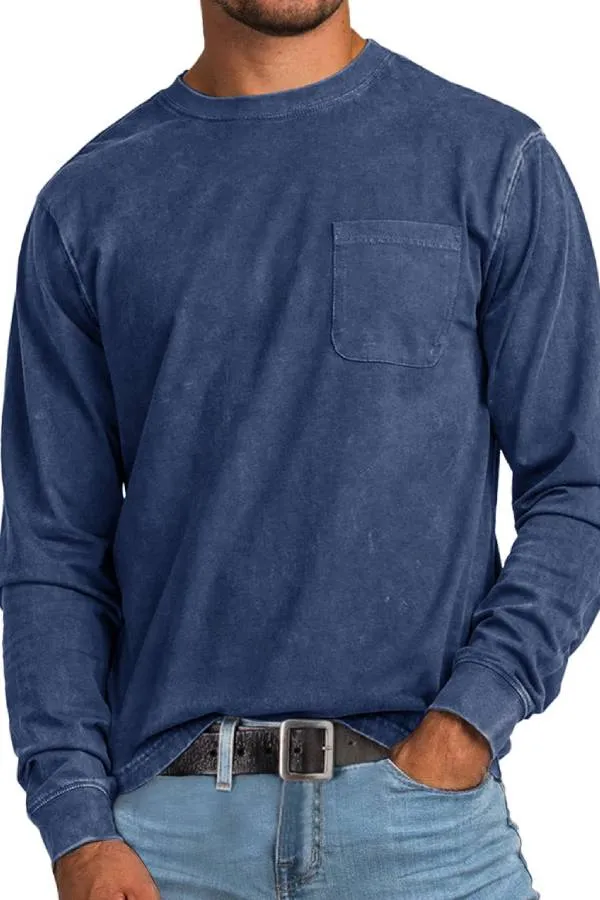Men's Retro Casual Round Neck Pocket Solid Color Long Sleeve T-Shirt