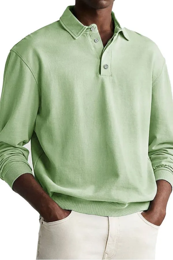Men's Retro Distressed Comfortable Long Sleeve Lapel Polo Shirt