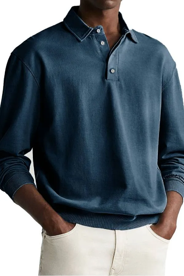 Men's Retro Distressed Comfortable Long Sleeve Lapel Polo Shirt