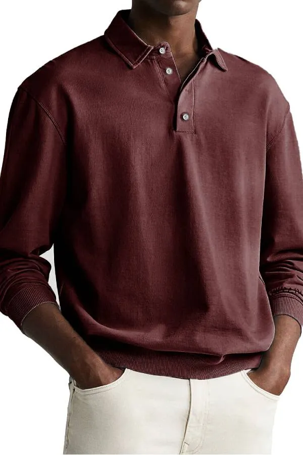 Men's Retro Distressed Comfortable Long Sleeve Lapel Polo Shirt