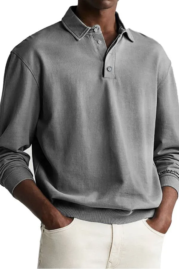 Men's Retro Distressed Comfortable Long Sleeve Lapel Polo Shirt