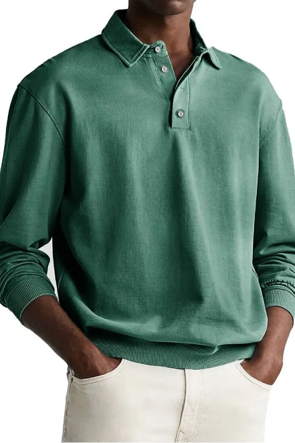 Men's Retro Distressed Comfortable Long Sleeve Lapel Polo Shirt