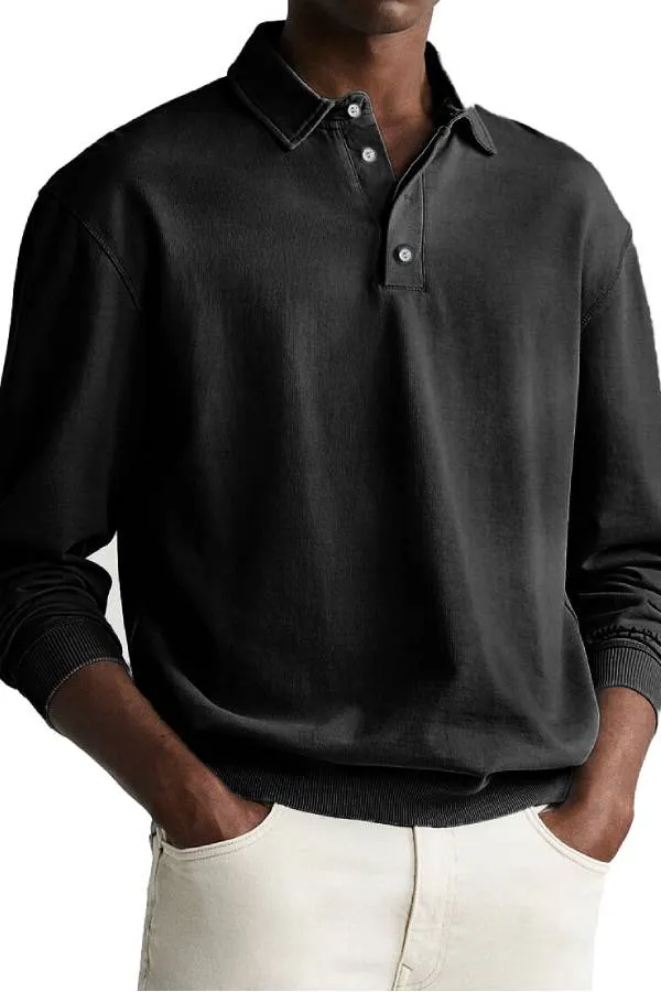 Men's Retro Distressed Comfortable Long Sleeve Lapel Polo Shirt