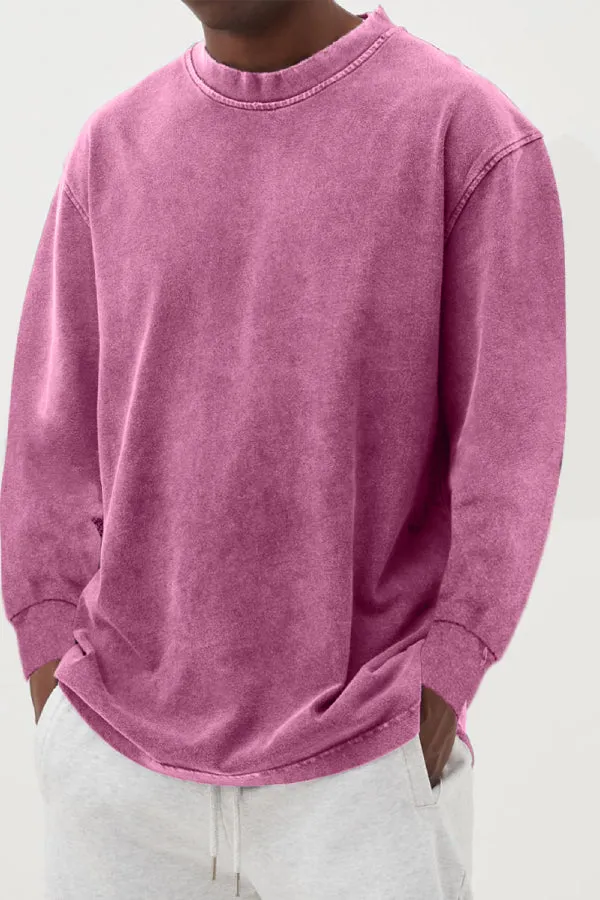 Men's Washed Distressed Basic Cotton Round Neck Long-sleeved T-shirt