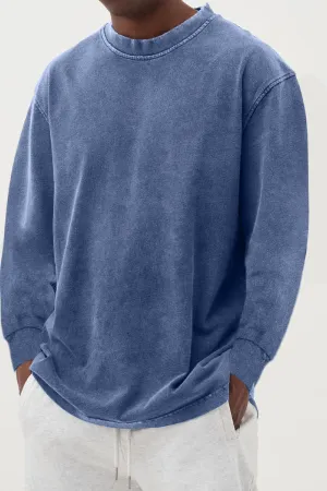 Men's Washed Distressed Basic Cotton Round Neck Long-sleeved T-shirt