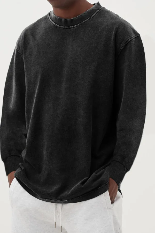 Men's Washed Distressed Basic Cotton Round Neck Long-sleeved T-shirt