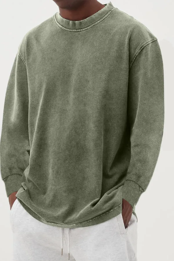 Men's Washed Distressed Basic Cotton Round Neck Long-sleeved T-shirt