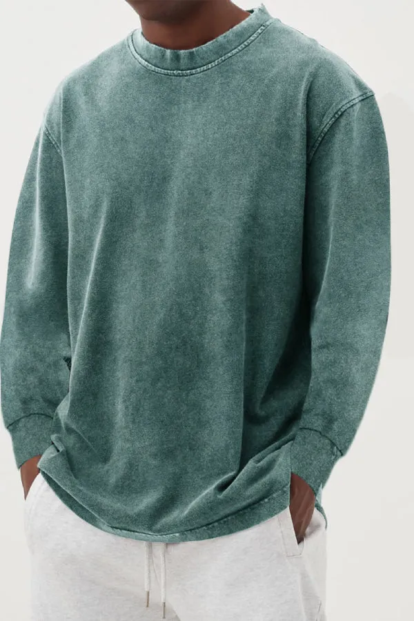 Men's Washed Distressed Basic Cotton Round Neck Long-sleeved T-shirt