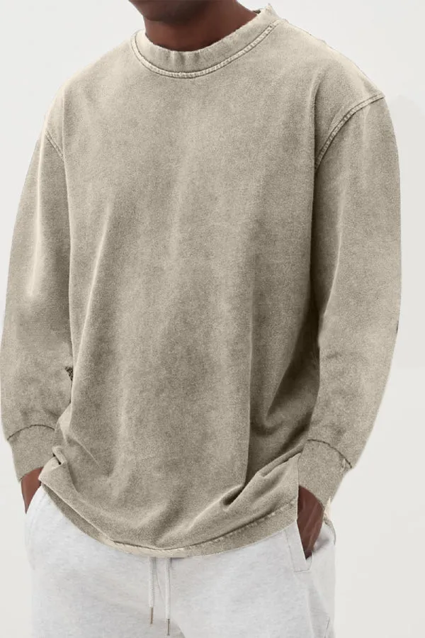 Men's Washed Distressed Basic Cotton Round Neck Long-sleeved T-shirt