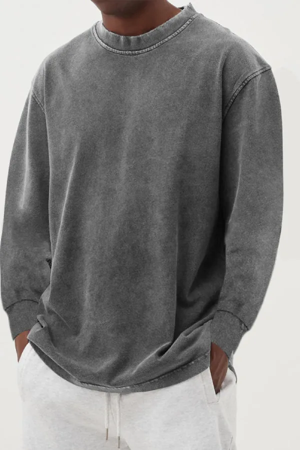Men's Washed Distressed Basic Cotton Round Neck Long-sleeved T-shirt