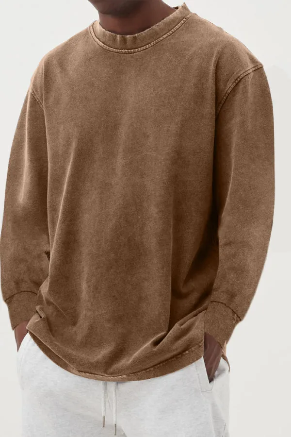 Men's Washed Distressed Basic Cotton Round Neck Long-sleeved T-shirt