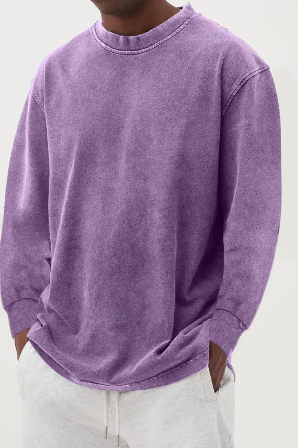 Men's Washed Distressed Basic Cotton Round Neck Long-sleeved T-shirt