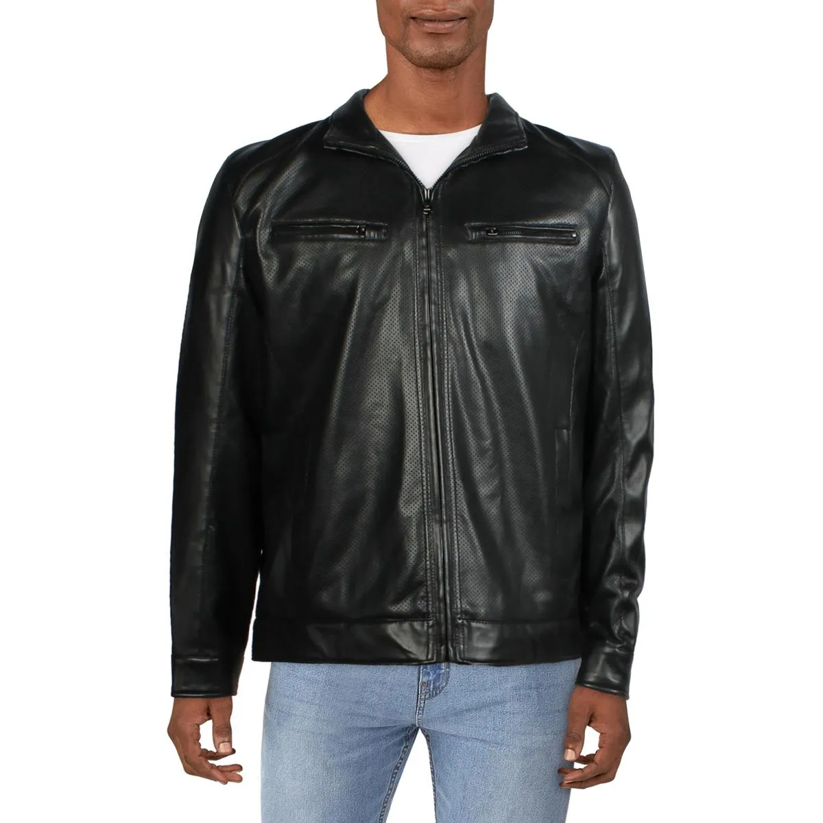 Michael Kors Mens Perforated Faux Leather Motorcycle Jacket