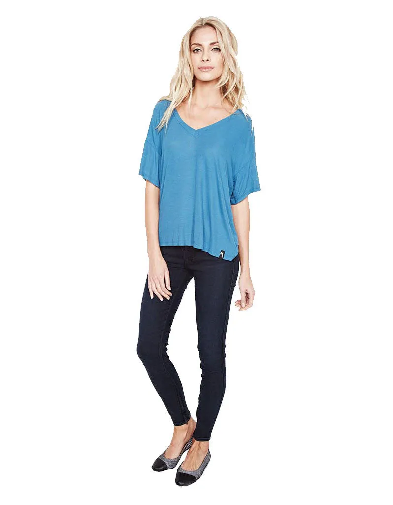 Michael Lauren Gram Drop Shoulder S/S V Neck Tee in Spruce Blue