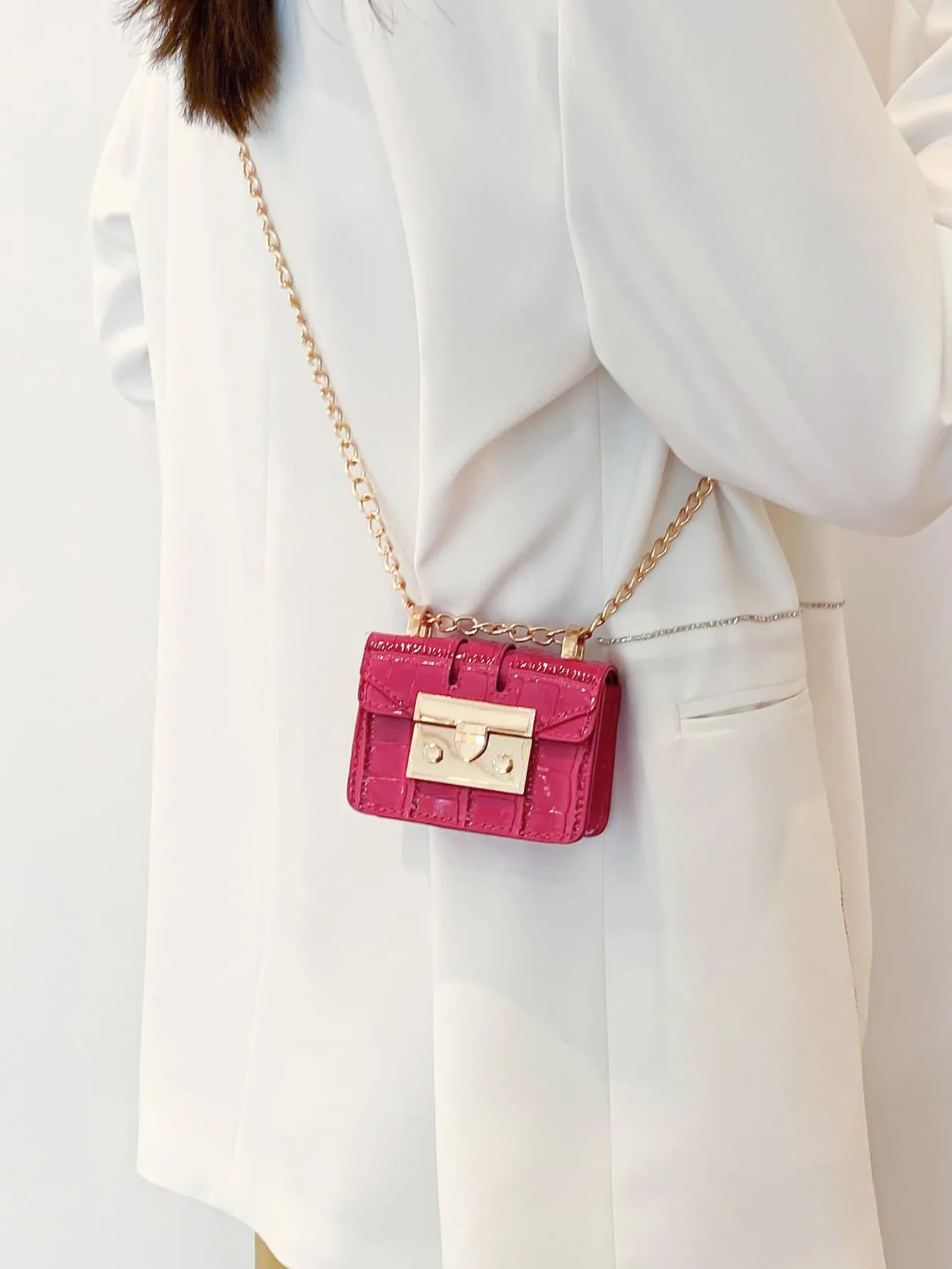Mini Crocodile Embossed Push Lock Flap Chain Square Bag -  Hot Pink