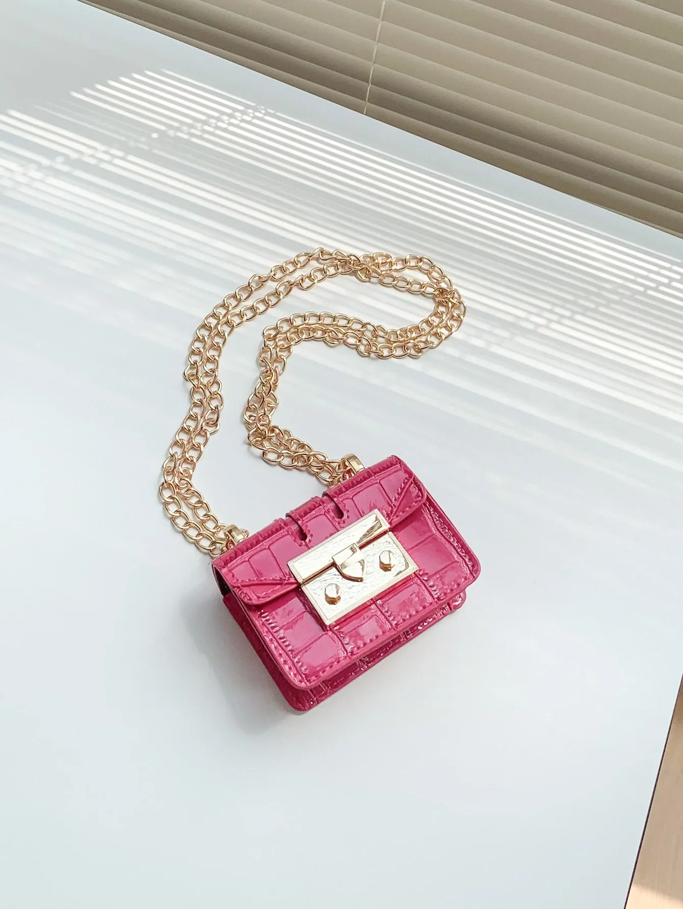 Mini Crocodile Embossed Push Lock Flap Chain Square Bag -  Hot Pink