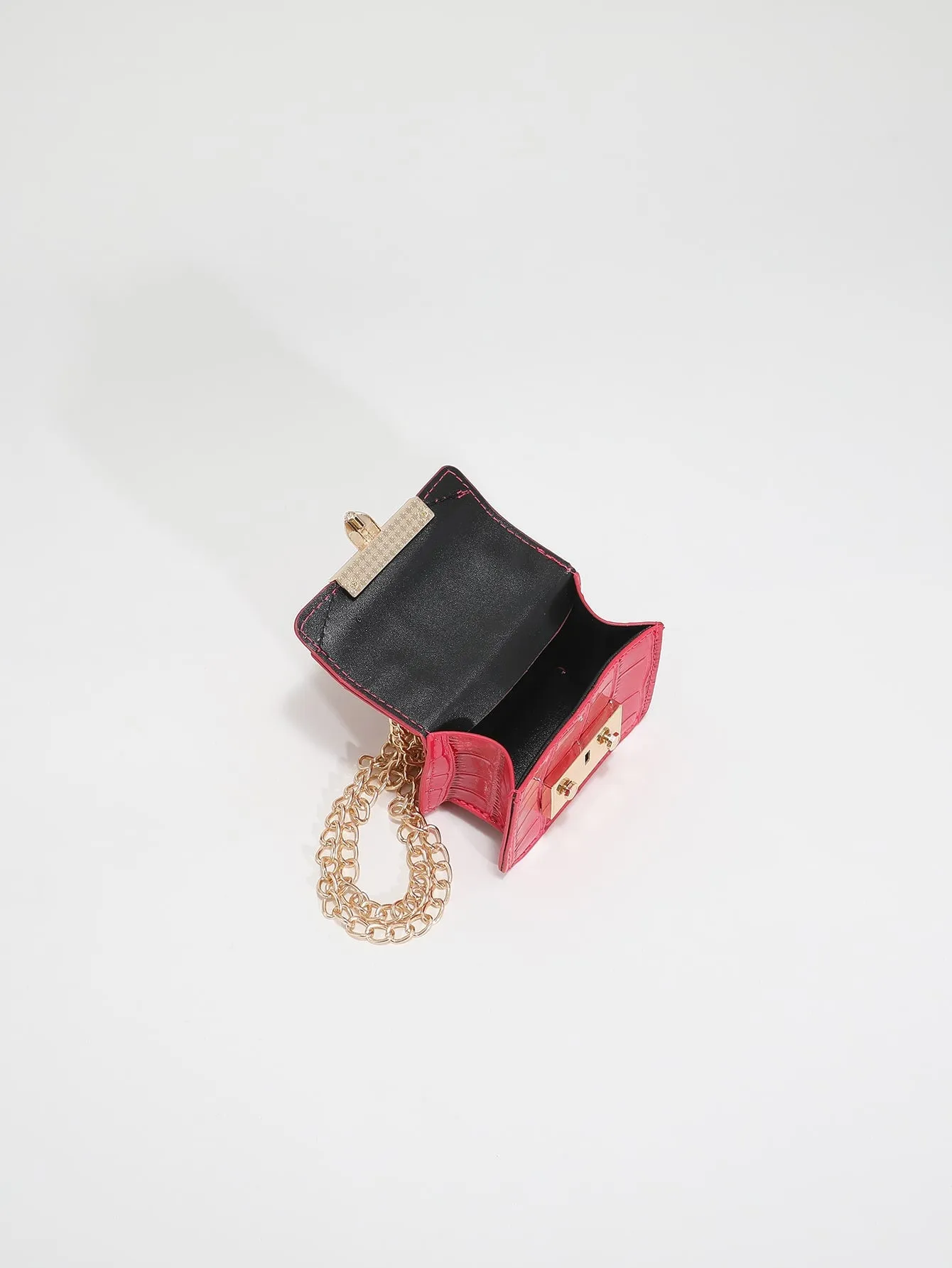 Mini Crocodile Embossed Push Lock Flap Chain Square Bag -  Hot Pink