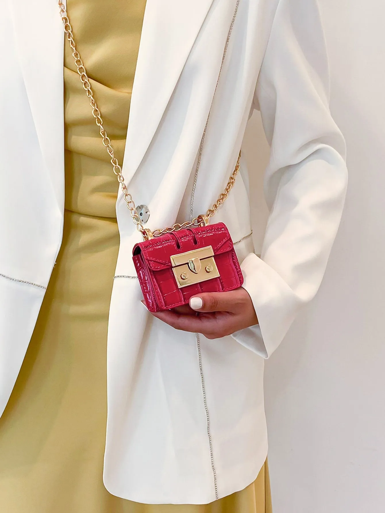 Mini Crocodile Embossed Push Lock Flap Chain Square Bag -  Hot Pink